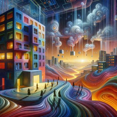 The primary subject of the image is a group of people walking on a rainbow-colored path. The setting is a cityscape with a tall building in the background. The visual style is a painting, which creates a vibrant and lively atmosphere. The colors and mood of the image are predominantly bright and cheerful, with the rainbow colors adding a sense of joy and energy to the scene.